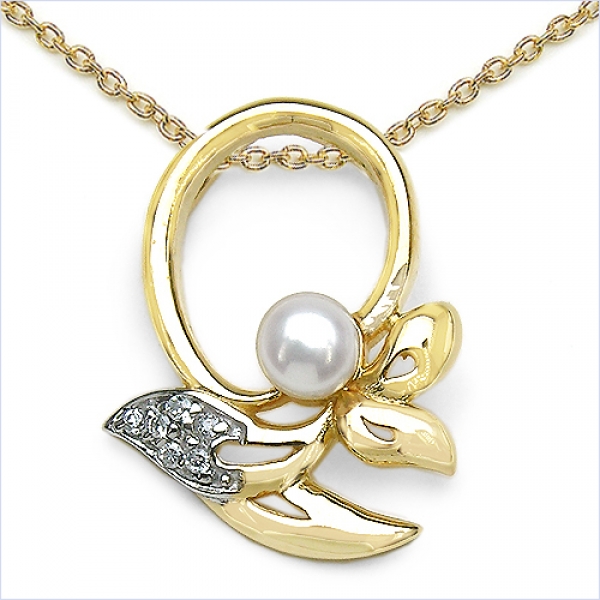 Collier/Kette mit Perle/Zirkonia-Anhänger Silb-vergold.10 Karat
