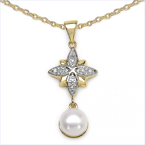 Collier/Kette mit Perle/Zirkonia-Anhänger Silb-vergold.2,68 Karat