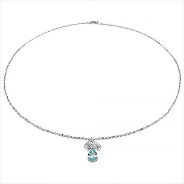 Collier/Kette Tropfen Anhänger Aquamarin-Silber-Rhodiniert 1,10 Karat
