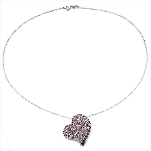 Collier Amethyst-Rhodolith-Herz-90 Edelsteine-St.Silber-4,50 Karat