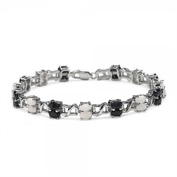 Schwarzes Saphir-Opal Armband-30 Edelsteine-925 Silber Rhodiniert