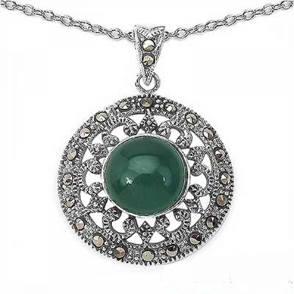 Collier/Kette mit Anhänger grüner ONYX/Markasit (Pyrit)-Anhänger-Silber Rhodin.