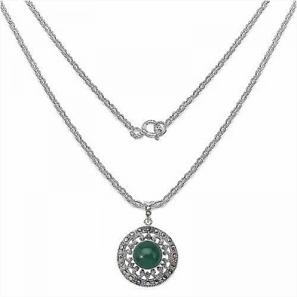 Collier/Kette mit Anhänger grüner ONYX/Markasit (Pyrit)-Anhänger-Silber Rhodin.