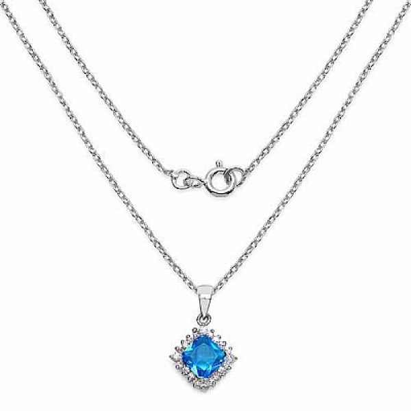 Collier/Kette mit blauem und weißen Zirkonia-Anhänger-21 Steine