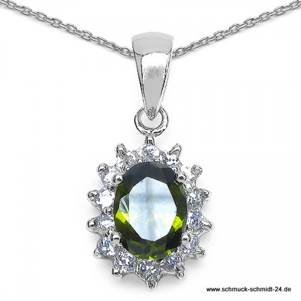 Collier/Kette mit Peridot-grünem und weißem Zirkonia-Anhänger