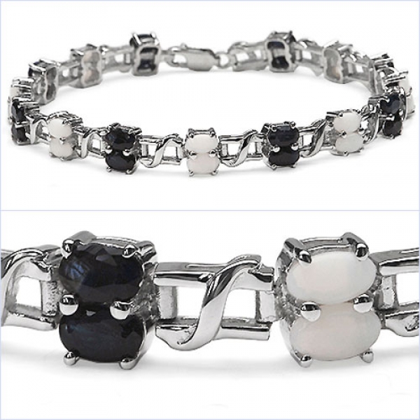 Schwarzes Saphir-Opal Armband-30 Edelsteine-925 Silber Rhodiniert