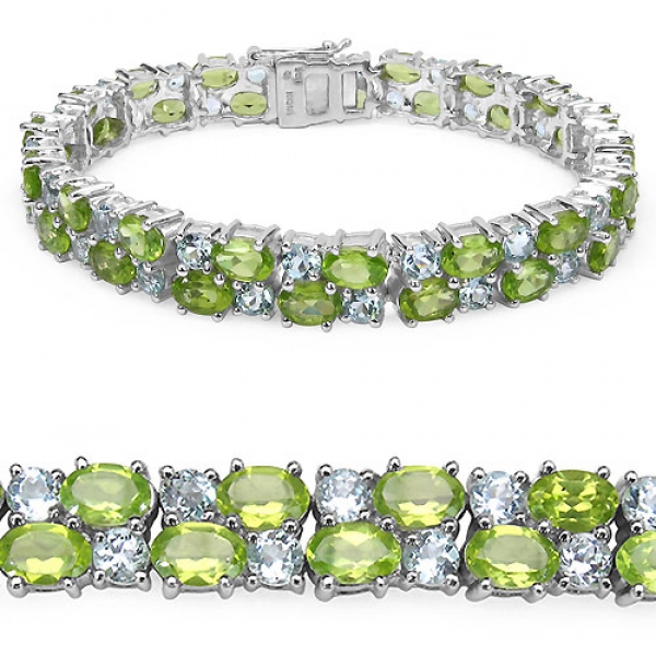 Bezauberndes Peridot/Blautopas-Armband Silber-Rhod.-23 Karat-72 Edelsteine