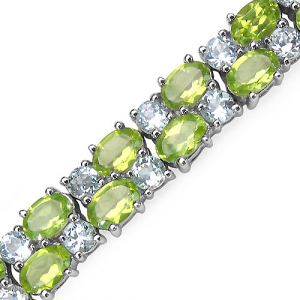 Bezauberndes Peridot/Blautopas-Armband Silber-Rhod.-23 Karat-72 Edelsteine