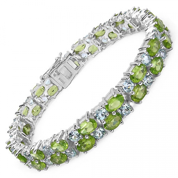 Bezauberndes Peridot/Blautopas-Armband Silber-Rhod.-23 Karat-72 Edelsteine