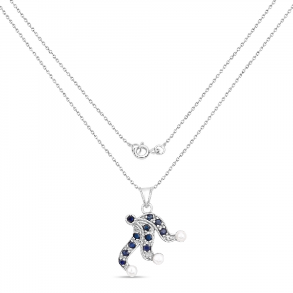 Collier Süßwasser-Perle/Nachtblauer Saphir-Anhänger 925-Silber Rhodiniert-3,68 K