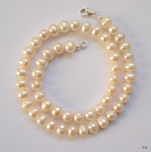 Süßwasserzucht-Perlen-Collier-9-10mm große Weiße Perlen-mit Silberschließe