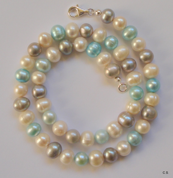 Süßwasserzucht-Perlen-Collier-Tricolor/Multi-Türkis,Grau,Weiß-mit Silberschließe