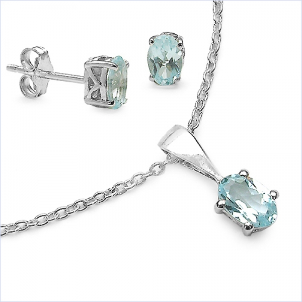 Collier/Kette mit ovalen Blautopas-Anhänger 925 Silber/Rhodiniert-0,65 Karat