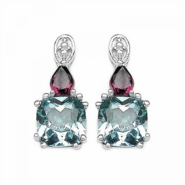 Edle Blautopas-Rhodolith-Ohrringe 925 Silber-Rhodiniert-2,36 Karat