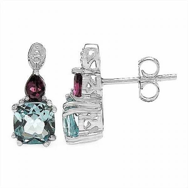 Edle Blautopas-Rhodolith-Ohrringe 925 Silber-Rhodiniert-2,36 Karat