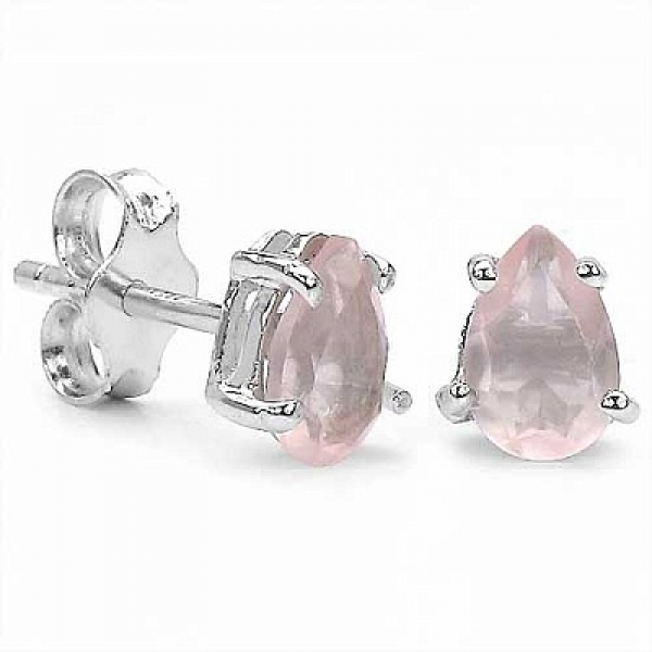 Rosenquarz Ohrstecker im Tropfenschliff-Sterling Silber-Rhodiniert-0,90 Karat