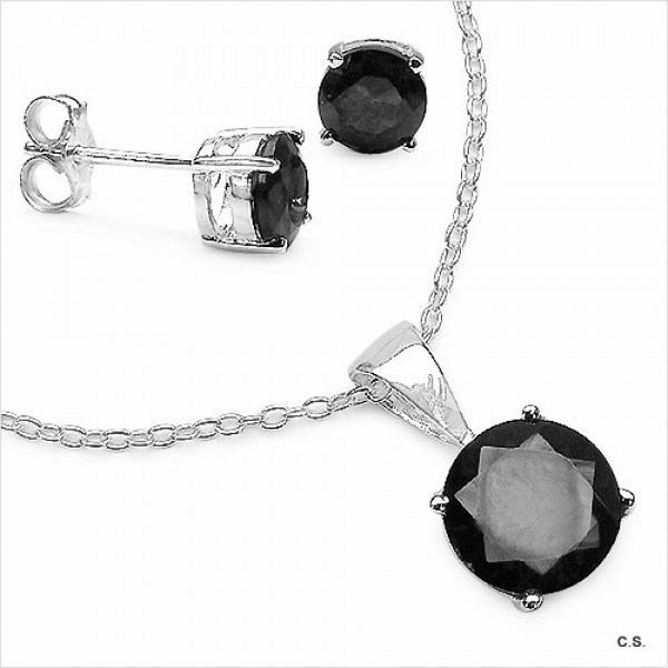 SET 4-teilig Schwarze Saphir/Black Saphir-Ohrstecker,Collier,Anhänger-1,20 Karat