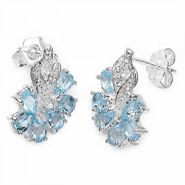 Funkelnde Blautopas-Ohrringe/Stecker-Silber-Rhodiniert-2,40 Karat