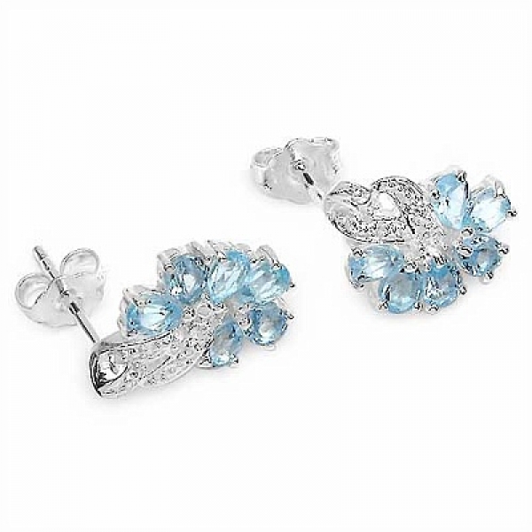Funkelnde Blautopas-Ohrringe/Stecker-Silber-Rhodiniert-2,40 Karat