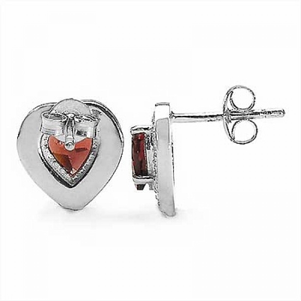 Ohrstecker Herz-Sterling Silber-Rhodiniert-mit Granat-1,60 Karat