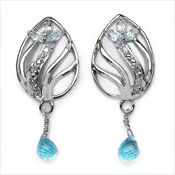 Diamant Ohrringe-925 Silber-Rhodin.-Blautopas-Tropfen-2,07Karat