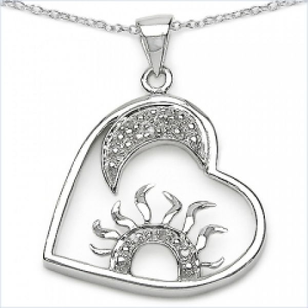 Collier/Kette 925-Silber Rhodiniert mit Sonne,Mond,Herz-Zirkonia Anhänger