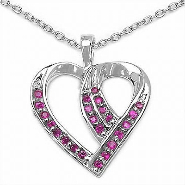 Collier mit Herz-Anhänger Rubin-0,47 Karat-23 Edelsteine-Sterling Silber Rhodin.