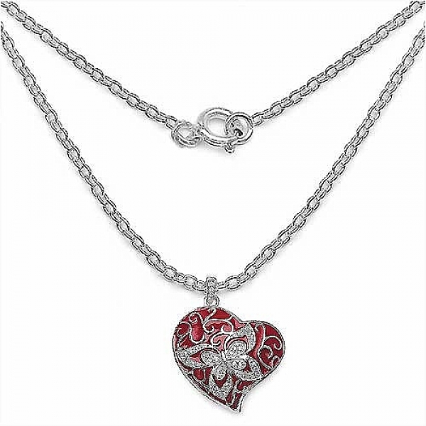 Designer Collier/Kette mit rotem Emaillie-Herz mit Zirkonia-Sterling Silber