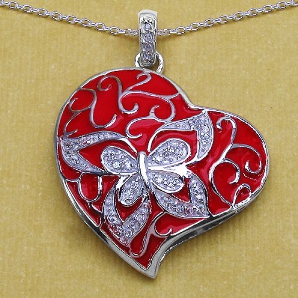 Designer Collier/Kette mit rotem Emaillie-Herz mit Zirkonia-Sterling Silber