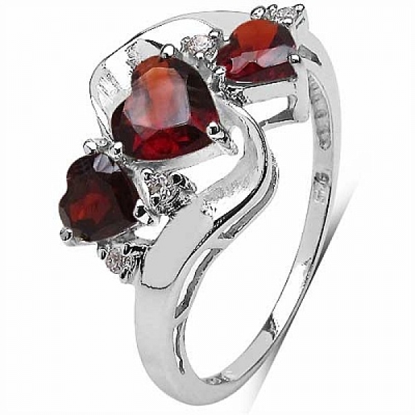 Herzen Diamant/Granat-Ring-925 Silber Rhodiniert-1,24 Karat