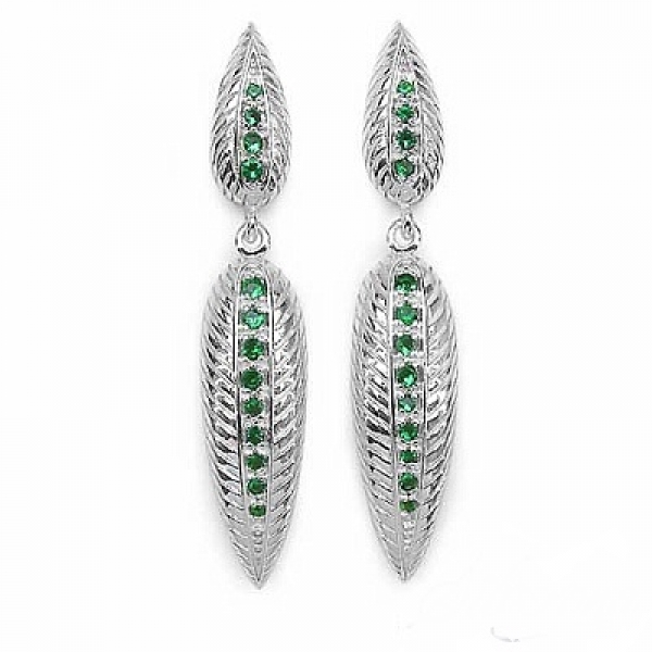Ohrringe/Ohrstecker Grüne American Diamonds Feder-Silber Rhodiniert-0,70 Karat