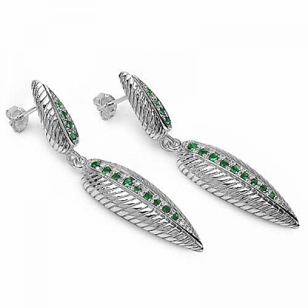 Ohrringe/Ohrstecker Grüne American Diamonds Feder-Silber Rhodiniert-0,70 Karat