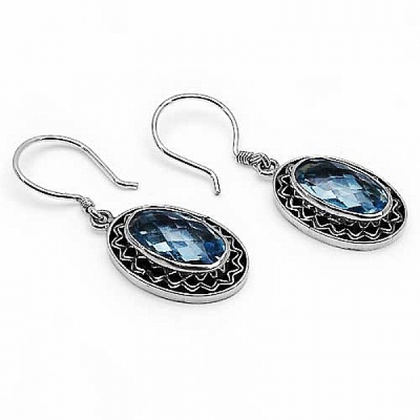 Antike Blautopas Ohrringe/Haken-Silber Rhodiniert-8,00 Karat