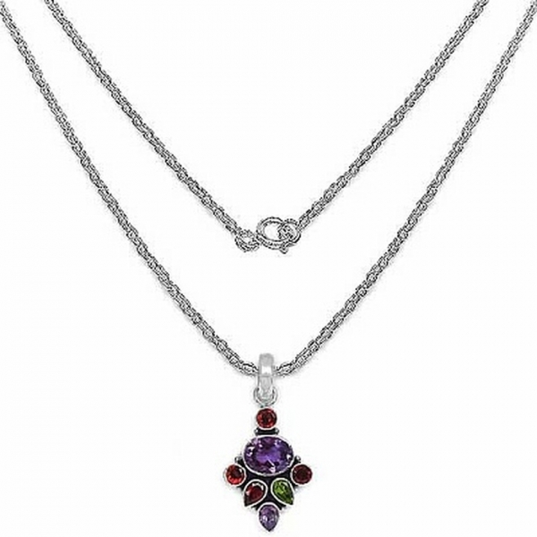 Collier/Kette mit Multi Edelstein-Anhänger-Amethyst,Granat,Peridot,Citrin
