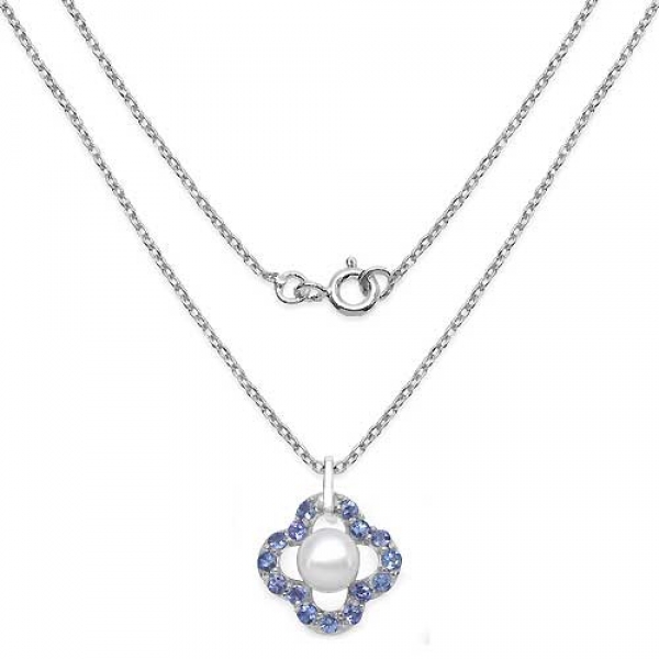 Collier/Halskette mit Tansanit/Perle-Anhänger-15 Edelsteine-3,04 Karat