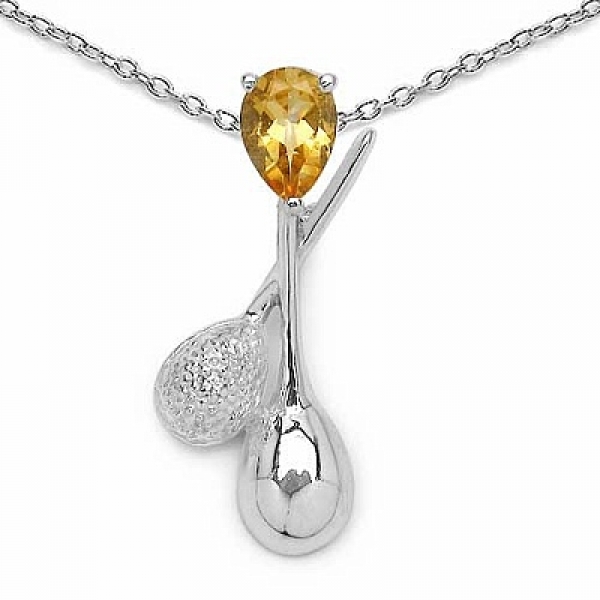 Collier/Kette mit Citrin/Diamant-Tropfen-Anhänger 925-Silber-Rhodiniert