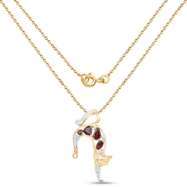 Collier/Kette mit Anhänger Katze/Kater - Silber vergoldet mit Granat und Weißtopas-0,88 Karat