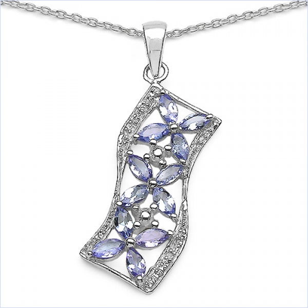 Collier/Kette mit Tansanit-Blumen-Anhänger-1,68 Karat-925 Silber-Rhodiniert