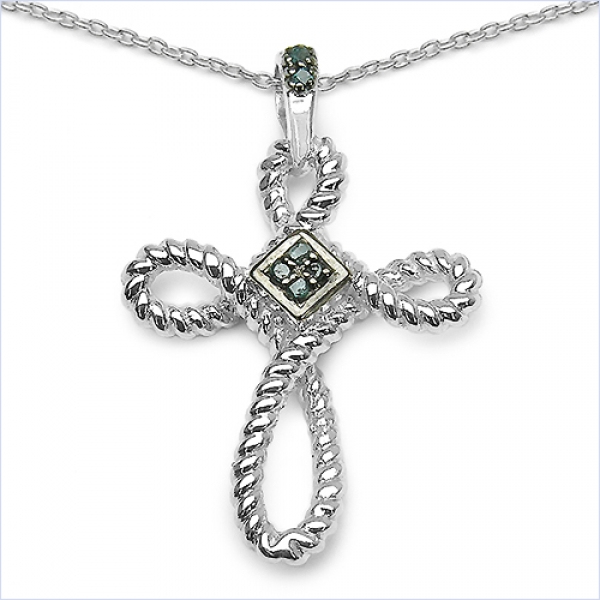 Collier/Kreuz-Anhänger mit 6 seltenen blauen Diamanten/Brillianten