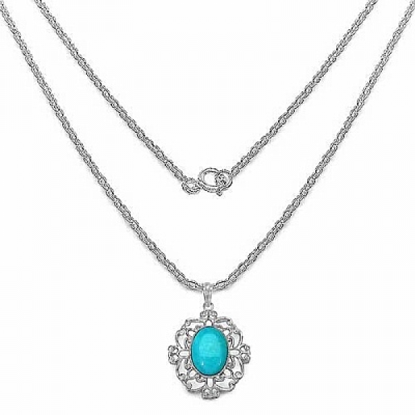 Collier/Halskette mit großem Türkis Anhänger-10,50 Karat-Silber Rhodiniert