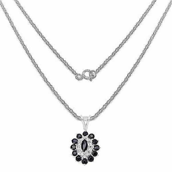 Collier/Kette mit Anhänger schwarze Saphire/Weißtopas-1,82 Karat-Silber-Rhodiniert