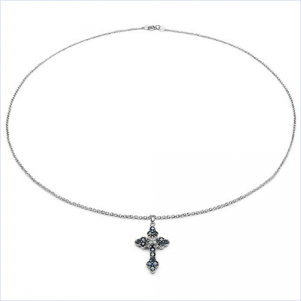 Collier mit großem Kreuz-Anhänger -Diamant/Saphire