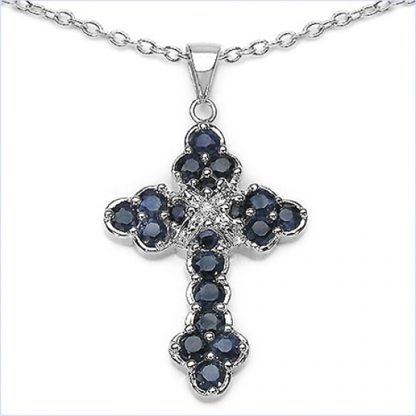 Collier mit großem Kreuz-Anhänger -Diamant/Saphire