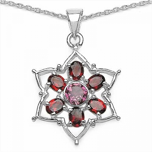 Collier/Kette mit Anhänger Stern-Granat/Turmalin 2,35 Karat-Silber Rhodiniert