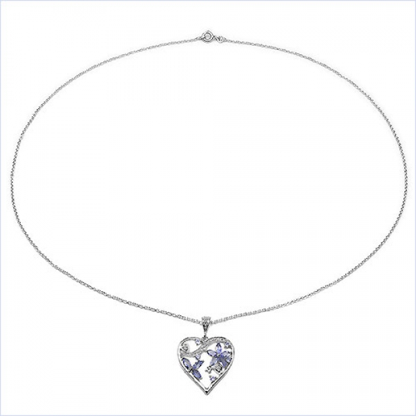 Collier/Halskette mit edlem Herz-Anhänger in Tansaniten / Weißen Zirkonias-925 Sterling Silber-1,35 Karat