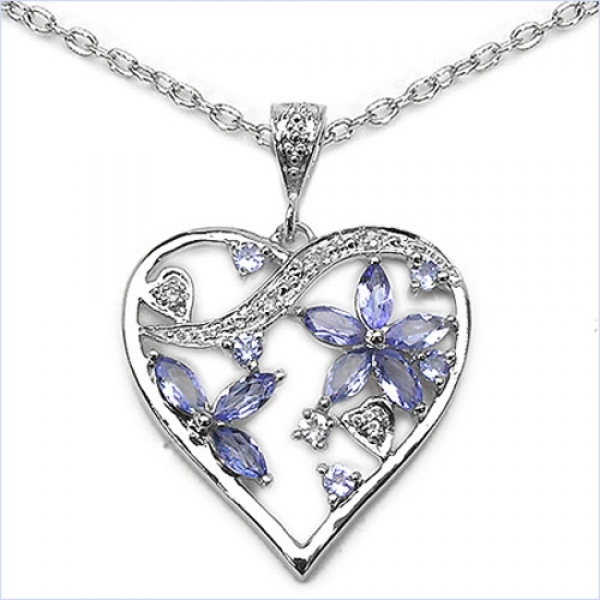 Collier/Halskette mit edlem Herz-Anhänger in Tansaniten / Weißen Zirkonias-925 Sterling Silber-1,35 Karat