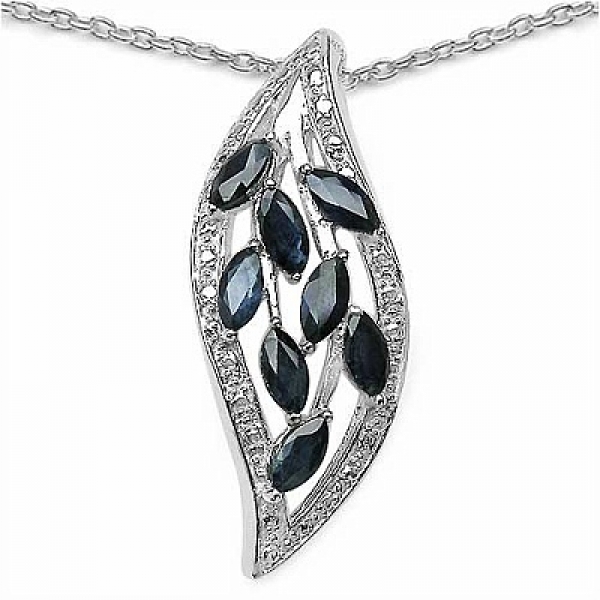 Collier/Kette nachtblauer Saphir-Blatt-Anhänger Silber-1,60 Karat