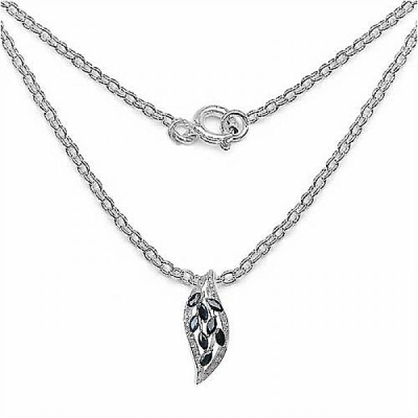 Collier/Kette nachtblauer Saphir-Blatt-Anhänger Silber-1,60 Karat