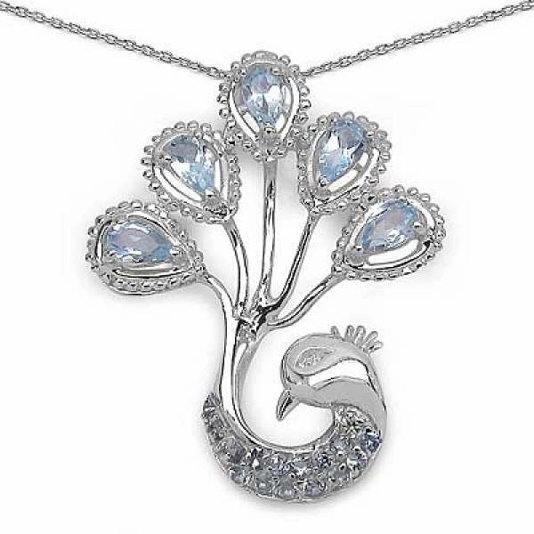 Collier/Halskette mit Anhänger-Pfau aus Blautopas/Weißtopas/Diamant-1,72 Karat