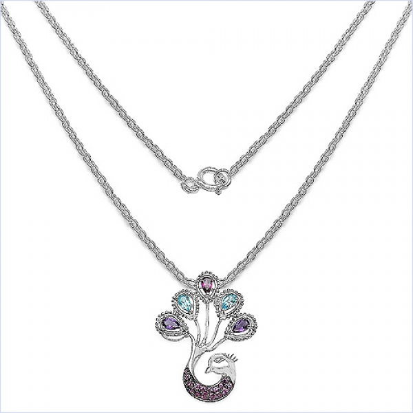 Collier/Halskette mit Anhänger-Pfau aus Amethyst,Blautopas,Rhodolith,Zirkonia